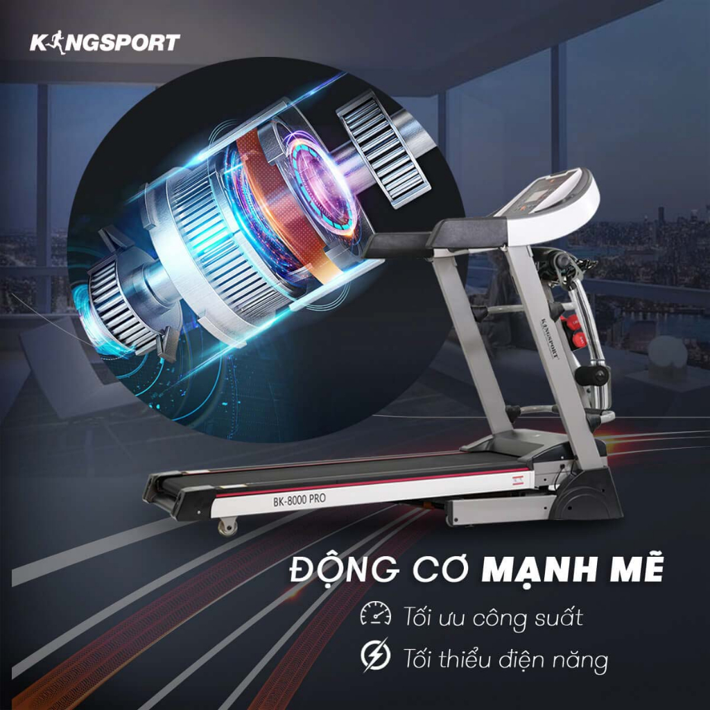 Máy chạy bộ tại nhà Kingsport BK-8000 Pro đa năng có chức nâng dốc tự động, kèm theo đai massage và thanh gập bụng