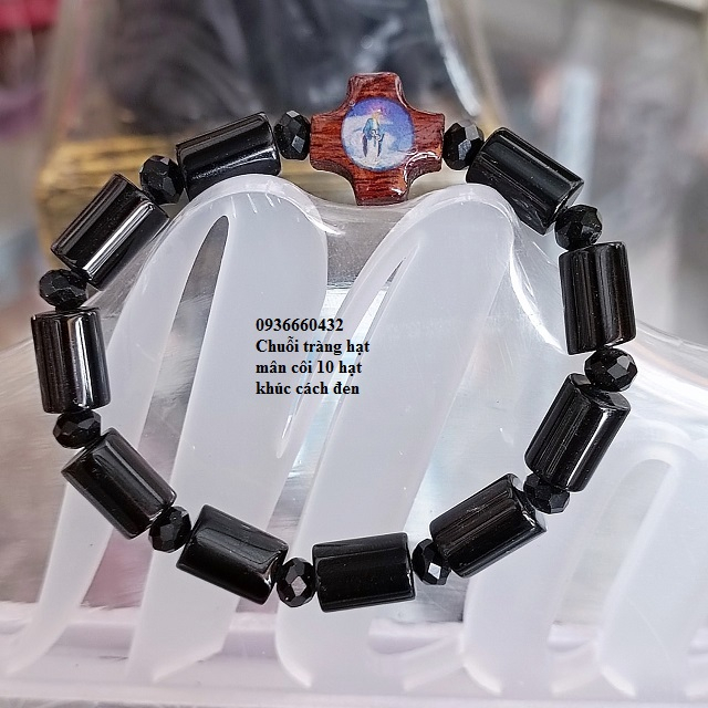 Chuỗi tràng hạt mân côi đeo tay mã não đen hạt tròn dây rút, khúc cách 10 hạt, Thánh giá đen hoặc gỗ in hình Chúa và Mẹ