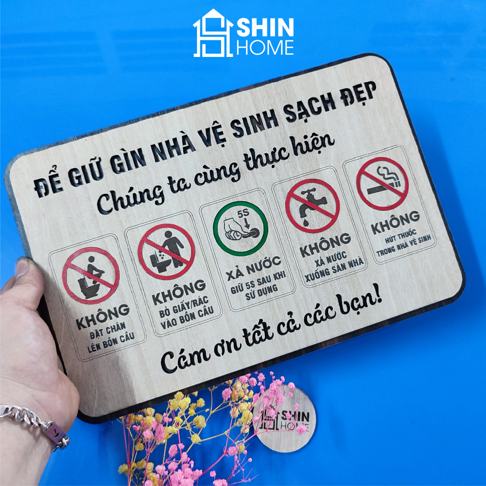 Bảng quy định trong toilet nhà vệ sinh bằng gỗ khắc laser 2 lớp
