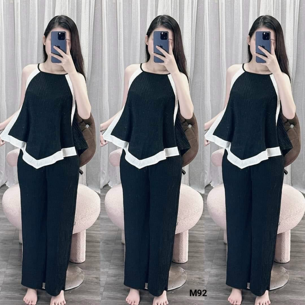 Set đồ nữ dễ thương, set nữ đi chơi 2 món quần dài kèm áo kiểu nữ form rộng cổ yếm cưc xinh