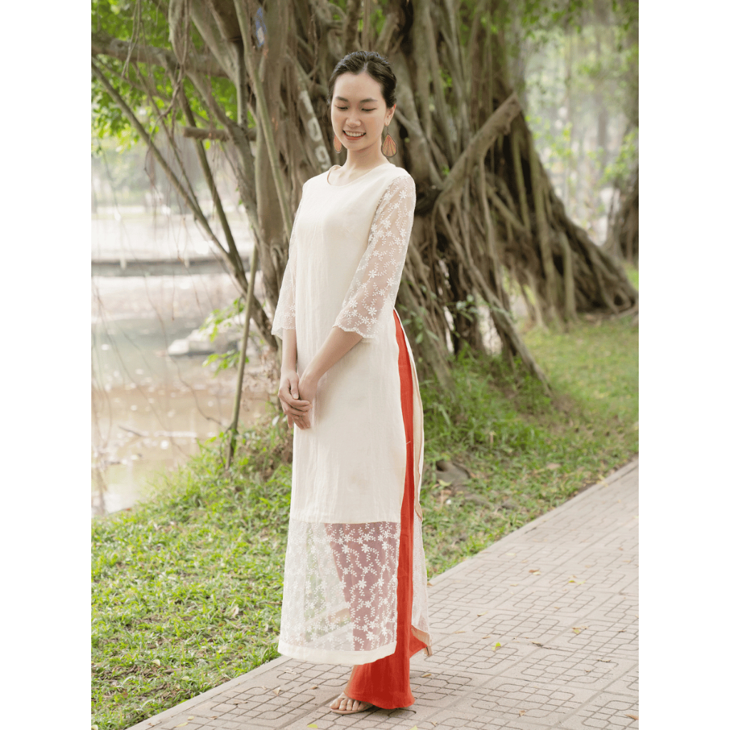 Áo dài linen be phối ren cao cấp, Áo dài linen cách tân(100% linen êm da, thoáng mát), Áo dài thiết kế Gaia