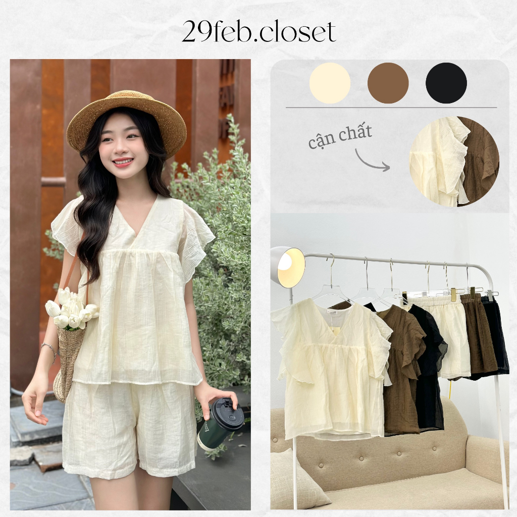 Set áo babydoll tay bèo kèm quần đùi short 29feb.closet cổ V 2 lớp chất voan tơ mềm mại form rộng mùa hè - S106