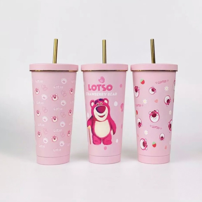 Ly giữ nhiệt Lotso gấu dâu 750ml, Cốc Giữ Nhiệt Gấu Hồng Cute Kèm Nắp Và Ống Hút Inox Xịn