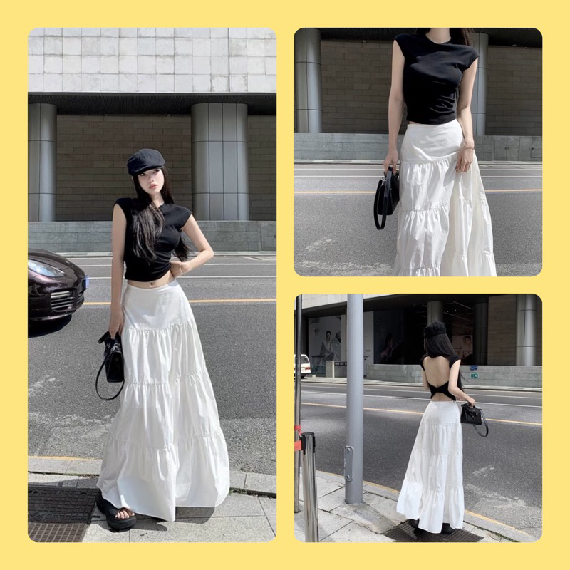 Set Áo Hở Lưng Chân Váy Xoè Trắng