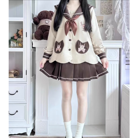 Seifuku/ Set váy đồng phục học sinh Nhật Bản: áo cổ thủy thủ thêu hoa + nơ đuôi cá + chân váy xòe