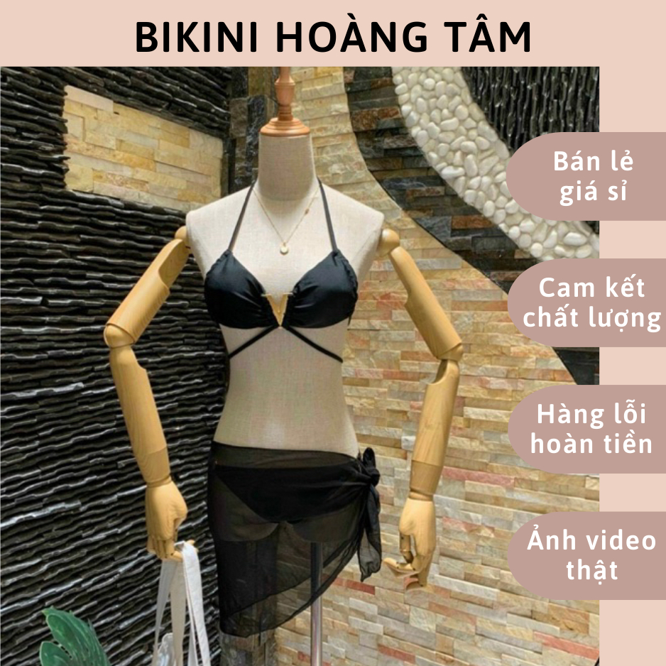 bikini quần xịp phối áo tam giác đóng khoen V kèm khăn voan | BigBuy360 - bigbuy360.vn