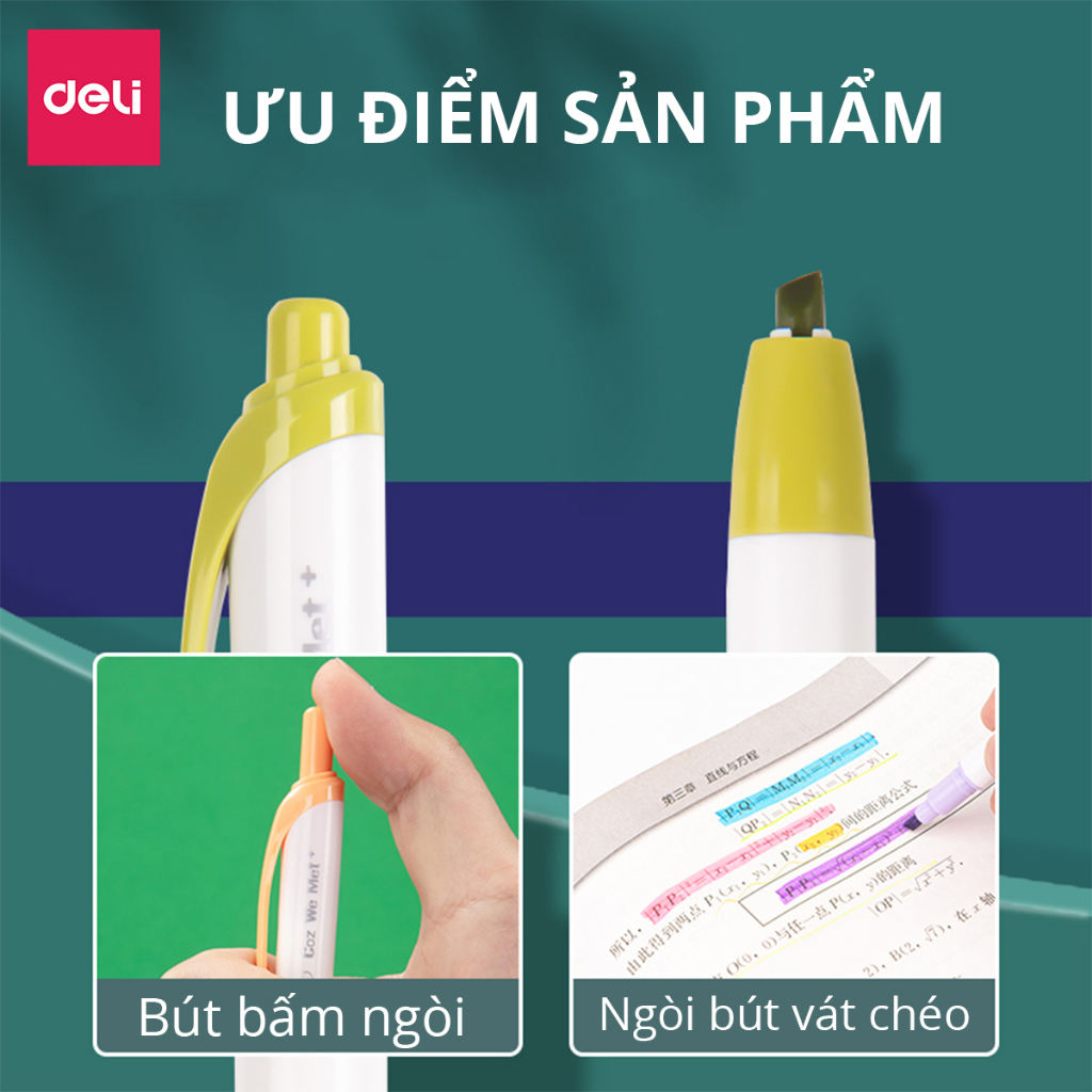 Set 6 bút highlight dạng bấm nhớ dòng đánh dấu màu pastel tươi sáng cute Deli dạ quang tiện lợi cho học sinh văn phòng