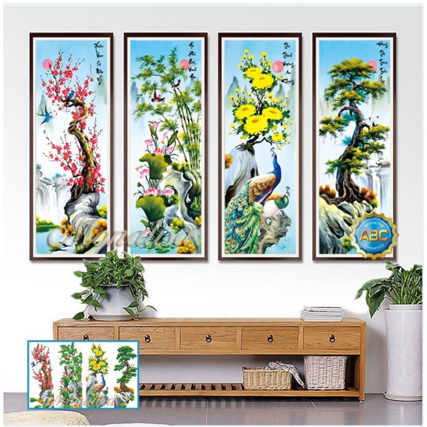 Tranh thêu chữ thập tứ quý tùng cúc trúc mai 1m36 x 90cm