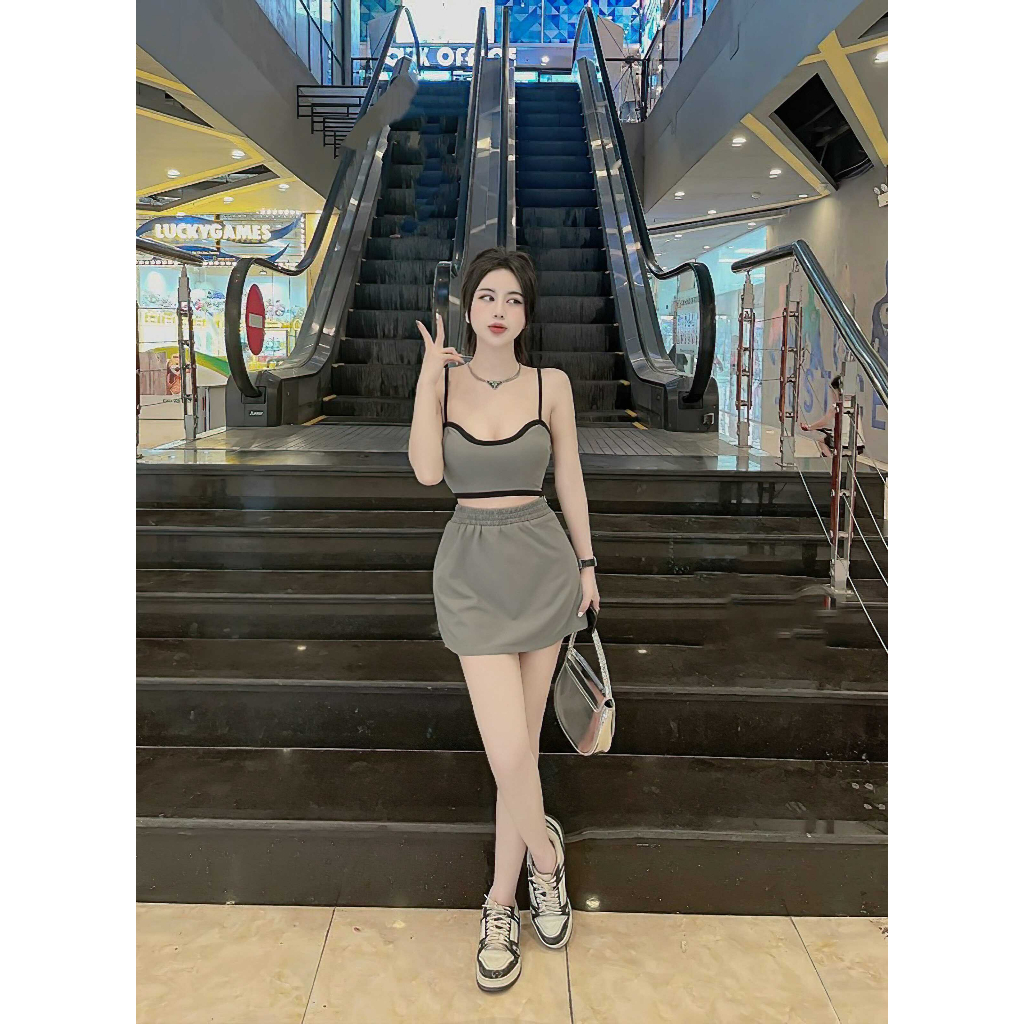 Set Áo Croptop Hai Dây Cổ Vuông Viền Và Chân Váy Bút Chì Ngắn Ôm Body Sexy, Freesize 40-55kg | BigBuy360 - bigbuy360.vn