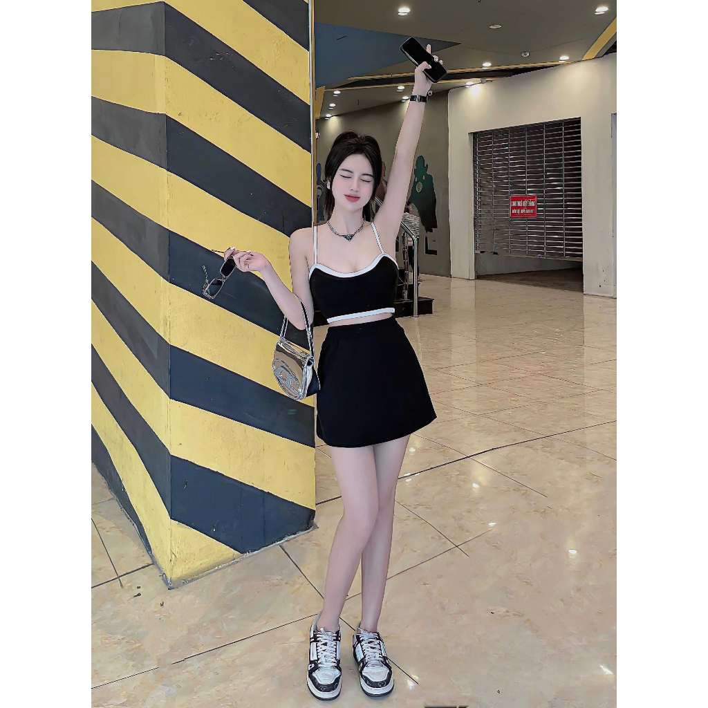 Set Áo Croptop Hai Dây Cổ Vuông Viền Và Chân Váy Bút Chì Ngắn Ôm Body Sexy, Freesize 40-55kg | BigBuy360 - bigbuy360.vn