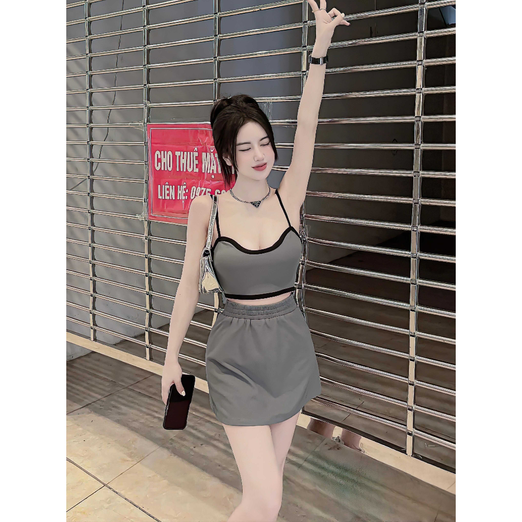Set Áo Croptop Hai Dây Cổ Vuông Viền Và Chân Váy Bút Chì Ngắn Ôm Body Sexy, Freesize 40-55kg | BigBuy360 - bigbuy360.vn
