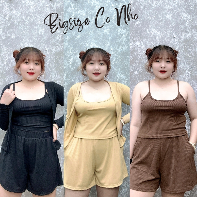 Set 3 món bigsize nữ gồm áo khoác ngoài và áo dây và quần đùi lưng thun chất liệu gân co giã mát mẻ SET12