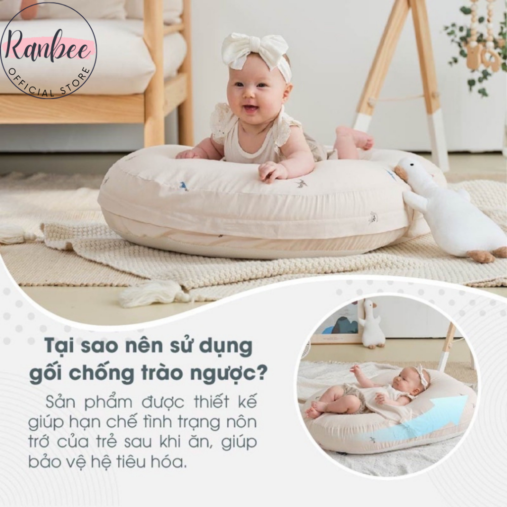 Gối Chống Trào Ngược Cho Bé Ranbee Chất Liệu Xô Muslin Hàn Quốc Mềm Mịn Thoáng Mát