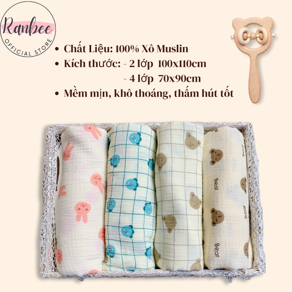 Khăn Tắm Cho Bé Sơ Sinh Ranbee Chất Xô Muslin Hàn 2 lớp