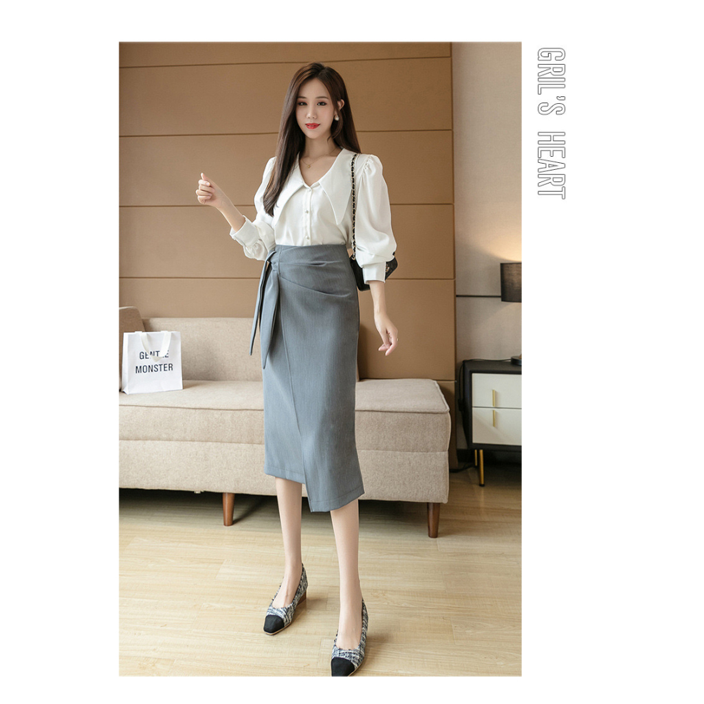 Chân váy công sở dáng bút chì buộc nơ eo dành cho nữ phong cách nhẹ nhàng Hàn Quốc