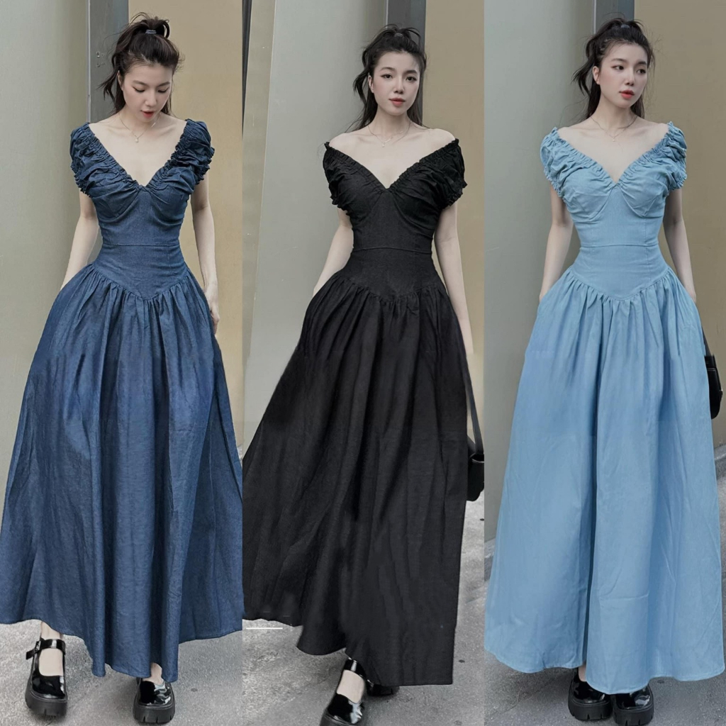 Đầm maxi dài jean trể vai