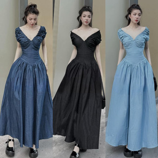 Đầm maxi dài jean trể vai