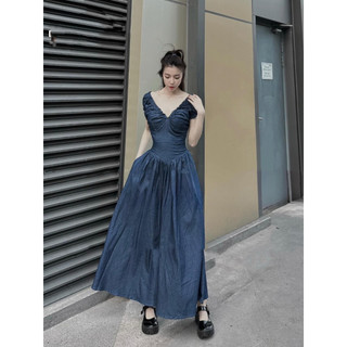 Đầm maxi dài jean trể vai