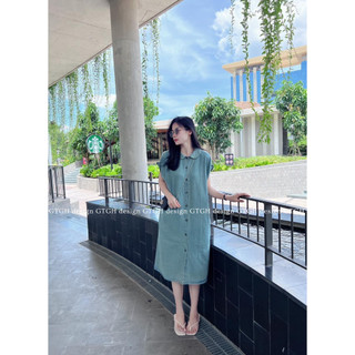 Váy jean suông cổ sen tay bo