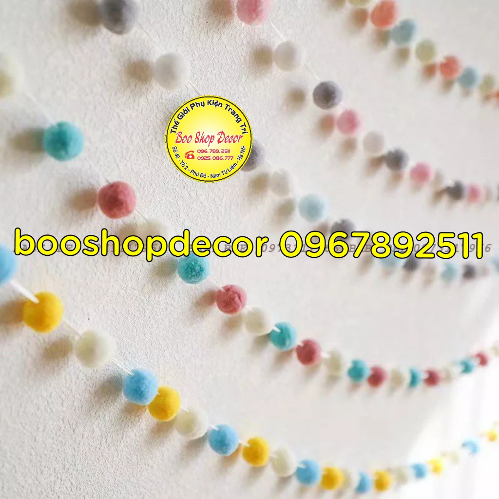 Dây quả bông (hạt pom pom) kèm dây treo trang trí