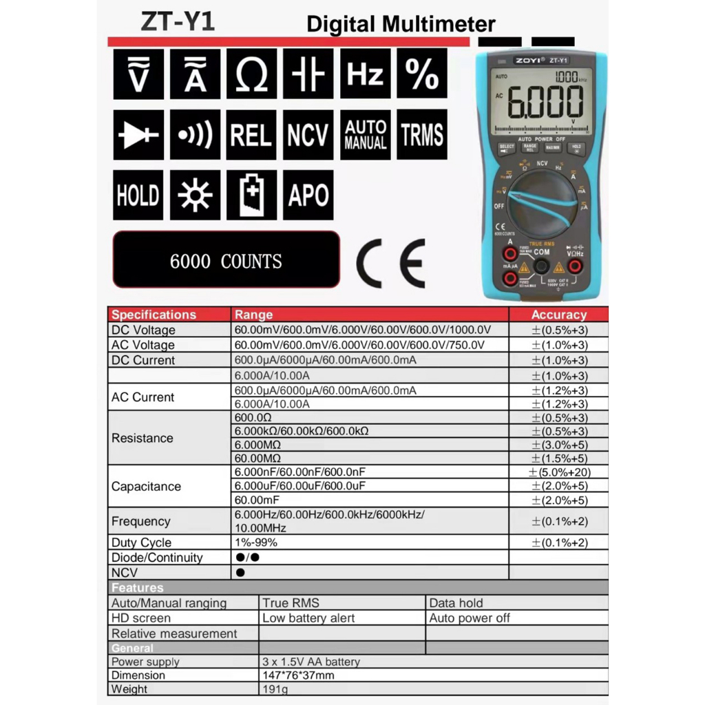 Đồng hồ vạn năng Zoyi ZT-Y1 kỹ thuật số, màn hình True-RMS Analog, máy đo dòng điện, vôn kế, tụ điện, nhiệt độ