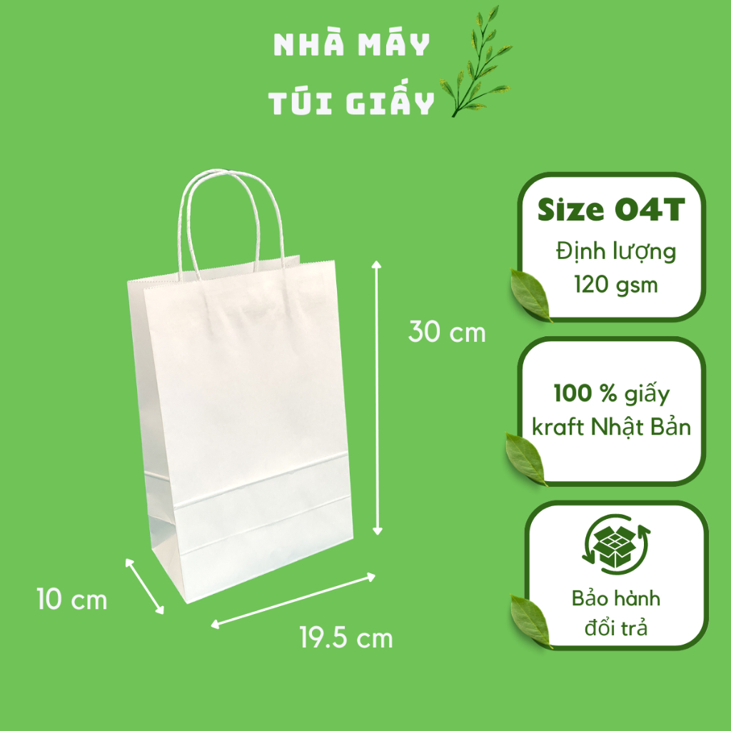 20 chiếc túi giấy màu trắng đựng quà mịn đẹp không mùi size 04: 19.5x10x30cm có quai