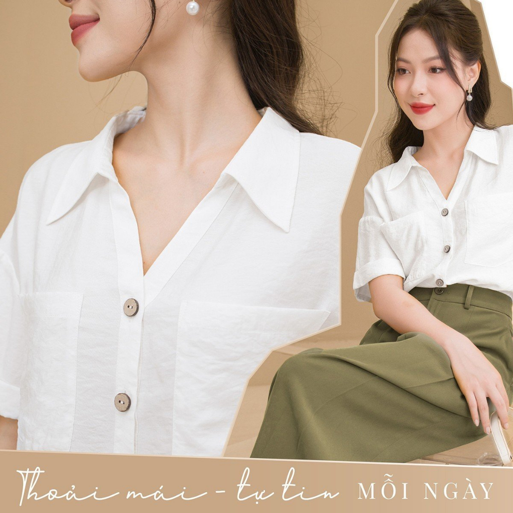 Áo Sơ Mi Nữ 𝐂𝐀𝐑𝐃𝐈𝐍𝐀 Chất Thô Đũi Cao Cấp Áo Cổ Đức Tay Liền Trẻ Trung Thanh Lịch 3AF22