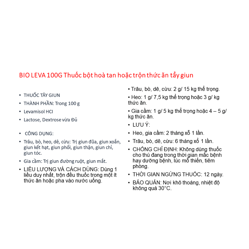 BIO LEVA 100g tây giun heo trâu bò dê gia cầm