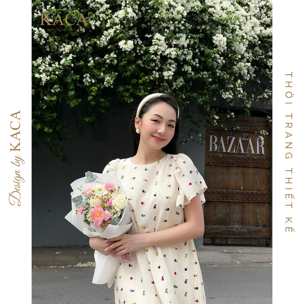 Đầm hoa nhí cổ tròn tay cánh tiên màu kem  - KACA - Josie Dress