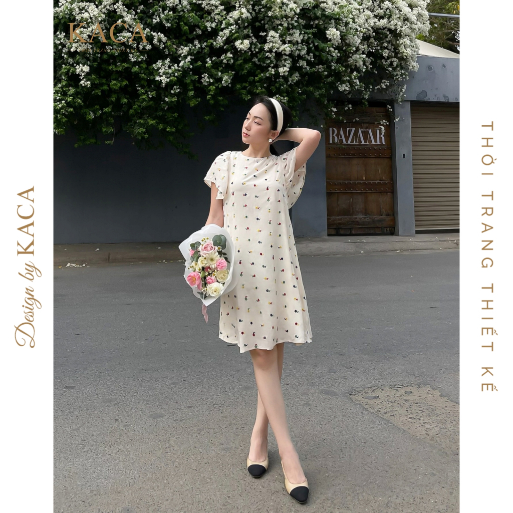 Đầm hoa nhí cổ tròn tay cánh tiên màu kem  - KACA - Josie Dress