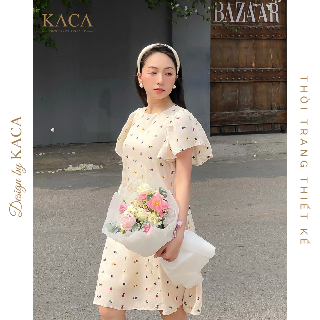 Đầm hoa nhí cổ tròn tay cánh tiên màu kem  - KACA - Josie Dress