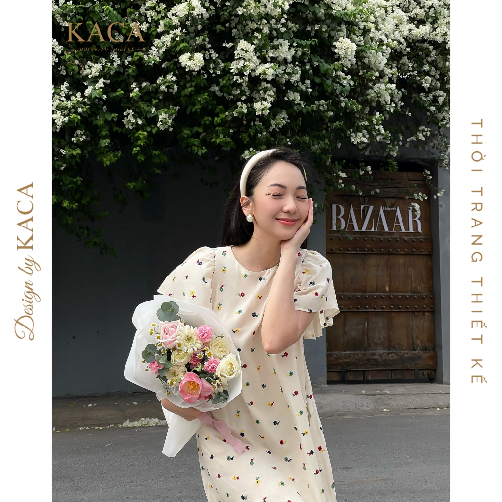 Đầm hoa nhí cổ tròn tay cánh tiên màu kem  - KACA - Josie Dress
