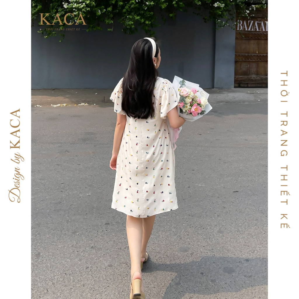 Đầm hoa nhí cổ tròn tay cánh tiên màu kem  - KACA - Josie Dress