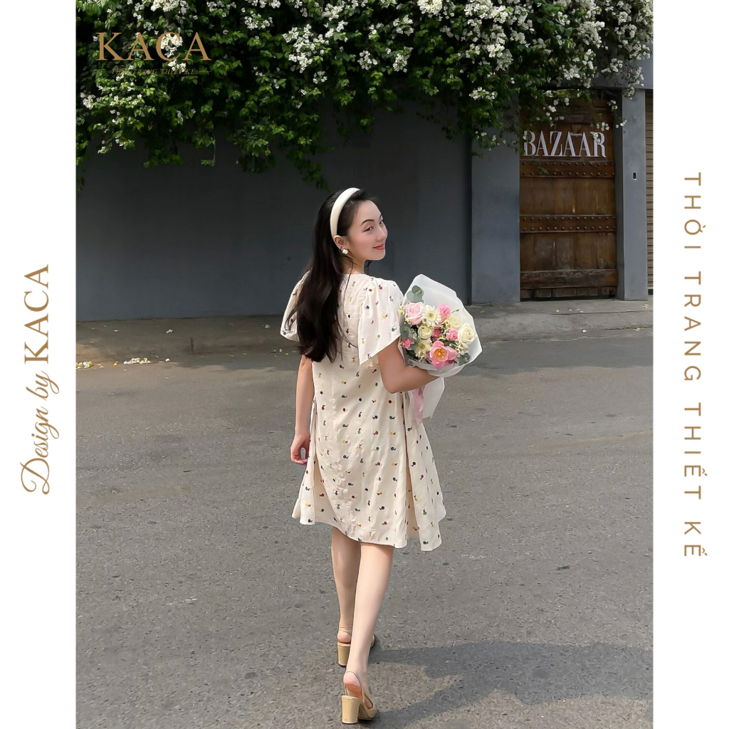 Đầm hoa nhí cổ tròn tay cánh tiên màu kem  - KACA - Josie Dress