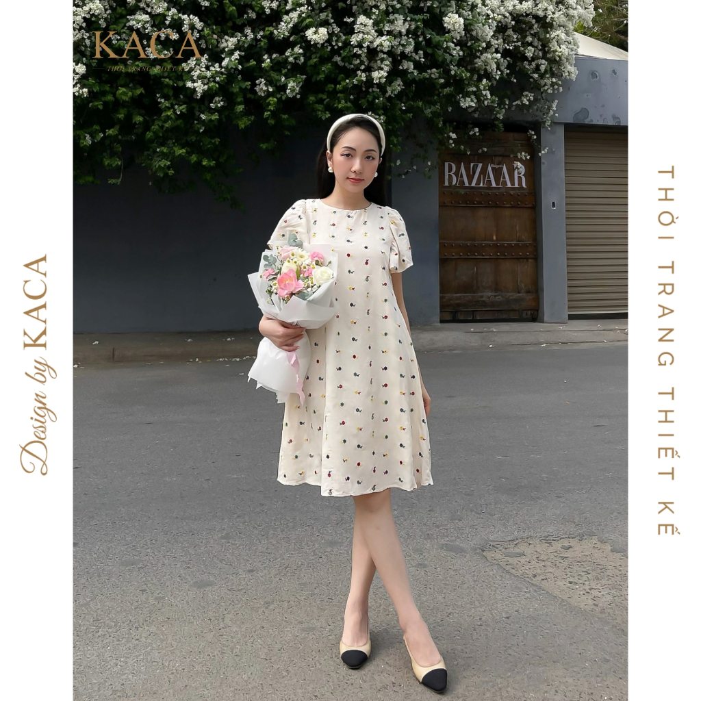 Đầm hoa nhí cổ tròn tay cánh tiên màu kem  - KACA - Josie Dress