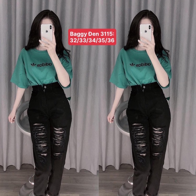 Quần Baggy Jeans Boyfriend Bigsize, Đen Rách 3115/ Xám Ombre 3116, Lưng Siêu Cao, Không Giãn