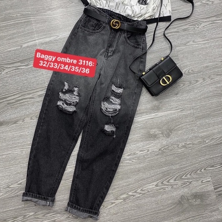 Quần Baggy Jeans Boyfriend Bigsize, Đen Rách 3115/ Xám Ombre 3116, Lưng Siêu Cao, Không Giãn