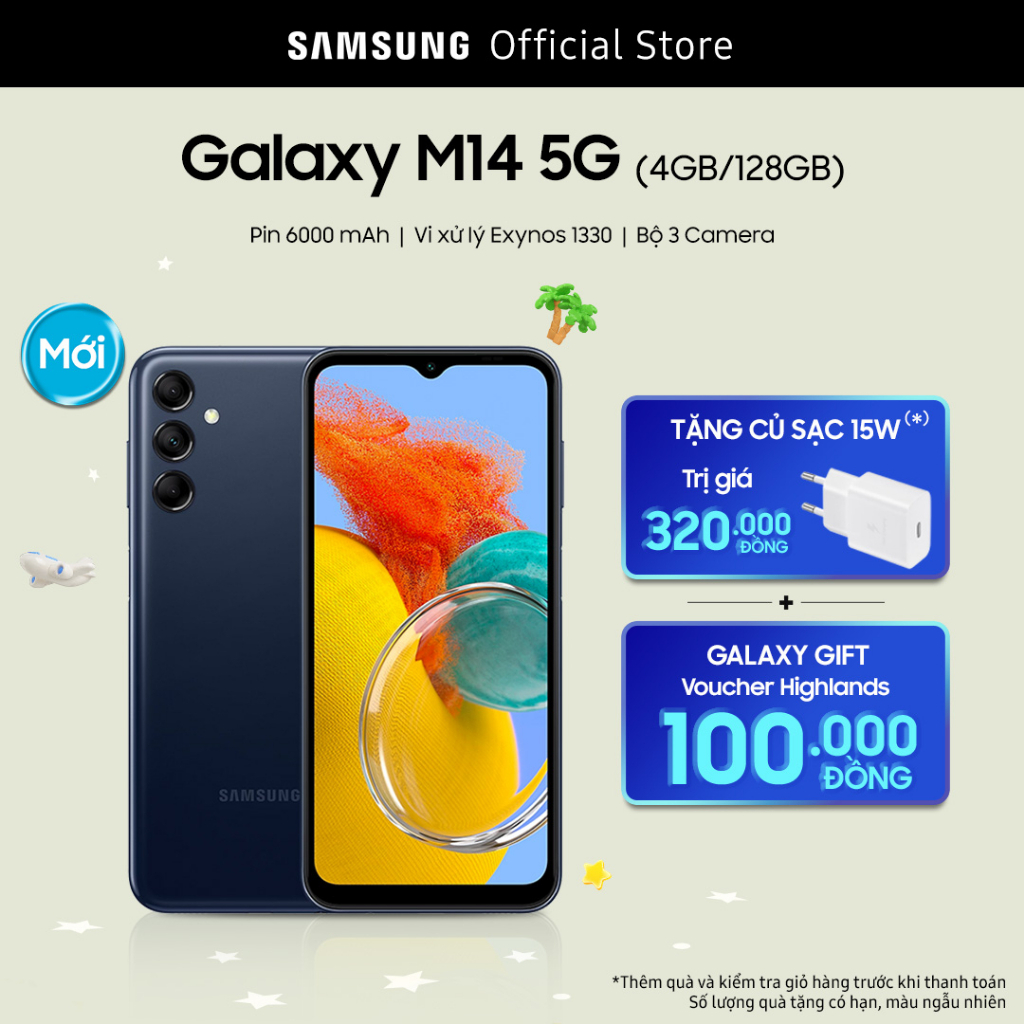 Điện thoại Samsung Galaxy M14 5G (4GB/128GB) - Kèm sạc 15W - Hàng Chính Hãng