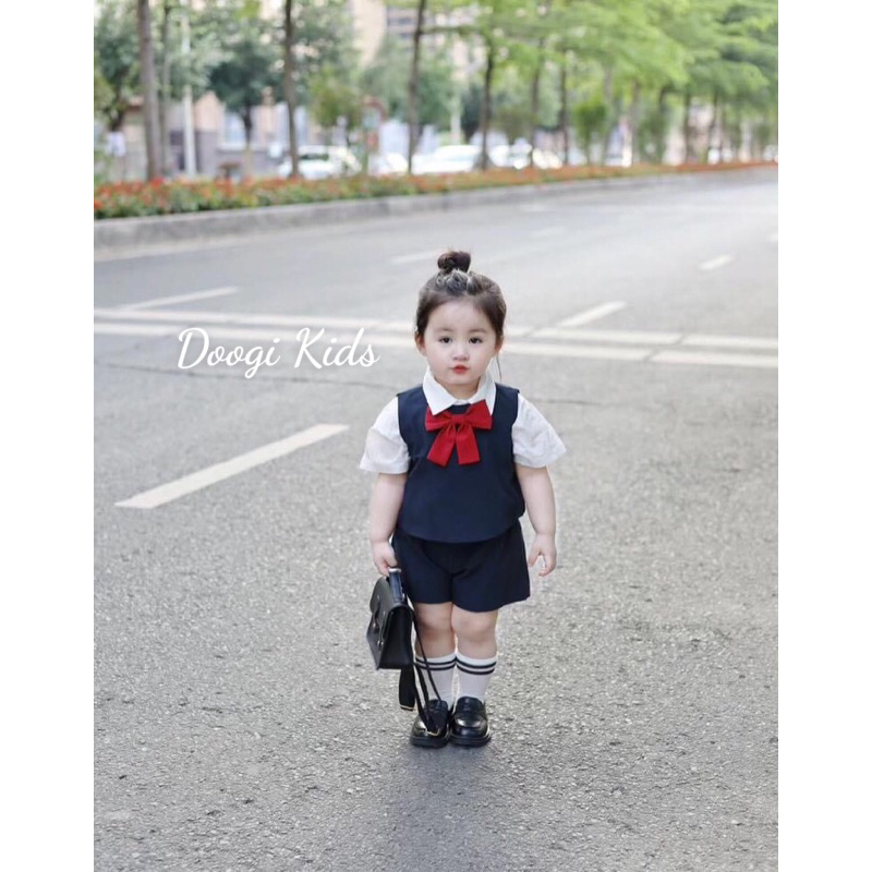 Sét đồ học sinh hàn quốc nơ đỏ cute cho bé