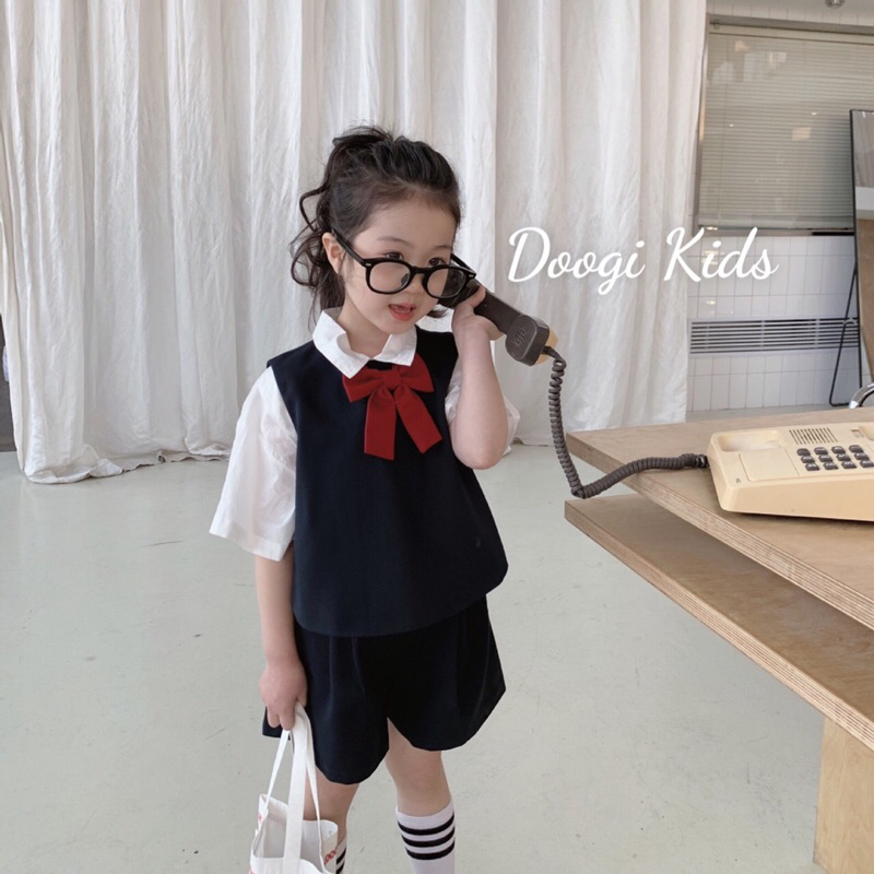 Sét đồ học sinh hàn quốc nơ đỏ cute cho bé