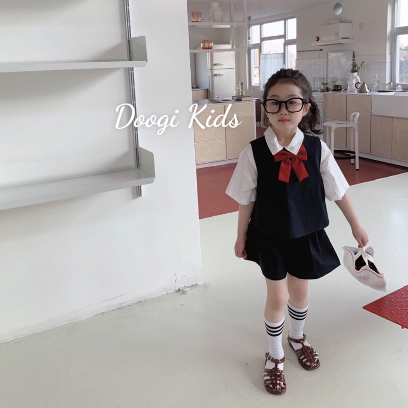 Sét đồ học sinh hàn quốc nơ đỏ cute cho bé