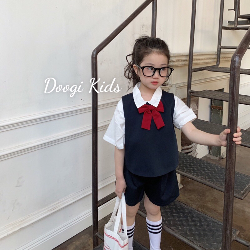 Sét đồ học sinh hàn quốc nơ đỏ cute cho bé