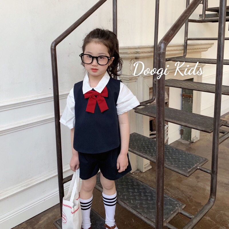 Sét đồ học sinh hàn quốc nơ đỏ cute cho bé