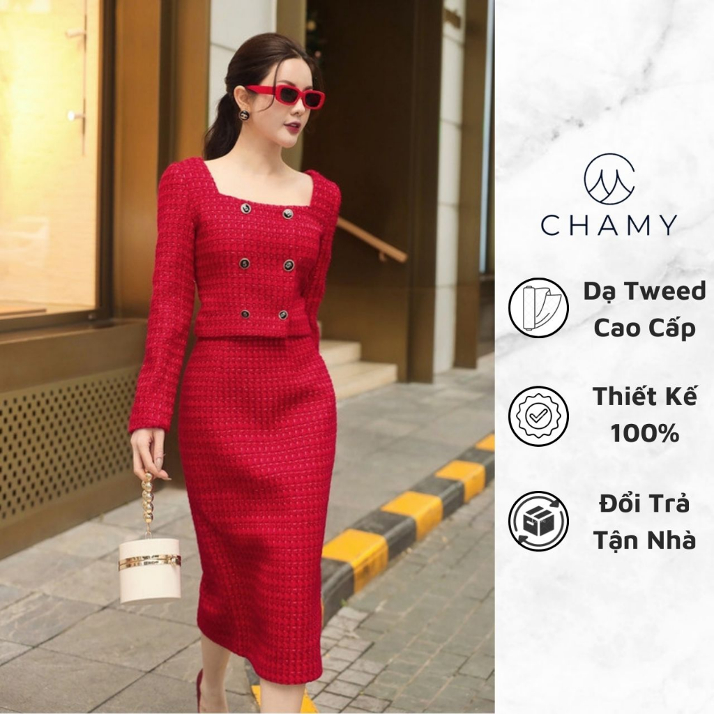 Set 𝐂𝐇𝐀𝐌𝐘 Malen Dáng Basic Cổ Vuông Phối Cúc Đá Chất Liệu Dạ Tweed Cao Cấp
