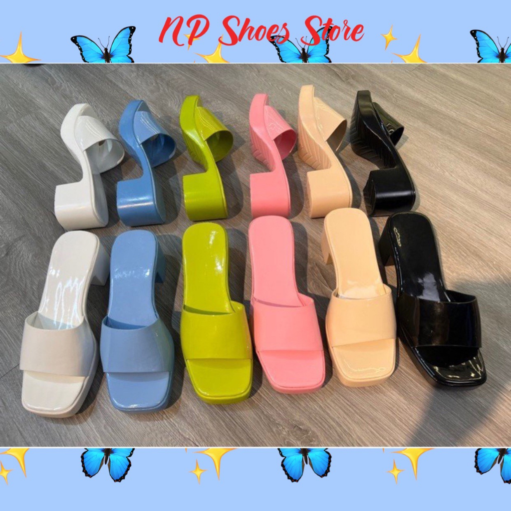 Dép sandal nữ đế cao gót 5cm quai ngang bản mica da bóng mềm Xăng đan đế vuông bằng pu siêu nhẹ cực xinh chất êm mới hot