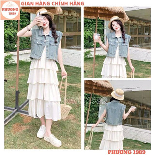  Áo khoác gile bò croptop cổ bẻ túi nắp giả cá tính Áo jean nữ sát nách 2 túi dáng ngắn năng động thời trang trẻ - 1989 