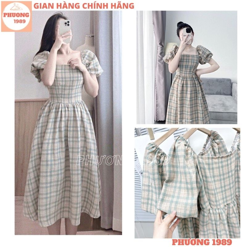 Váy thiết kế cổ vuông kẻ caro xanh tay bồng dáng xòe dài hot hit, Đầm maxi kẻ ô chất thô mềm lưng chun điệu đà - 1989