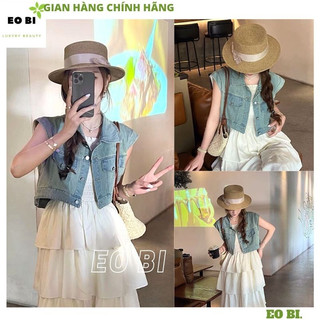  Áo khoác gile bò croptop cổ bẻ túi nắp giả cá tính Áo jean nữ sát nách 2 túi dáng ngắn năng động thời trang trẻ - EOBI 