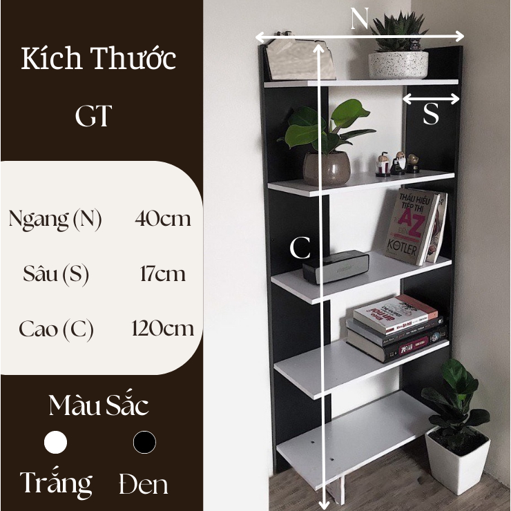 Kệ sách gỗ 5 tầng kệ góc tường gỗ MDF chống nước màu TRẮNG MIX ĐEN