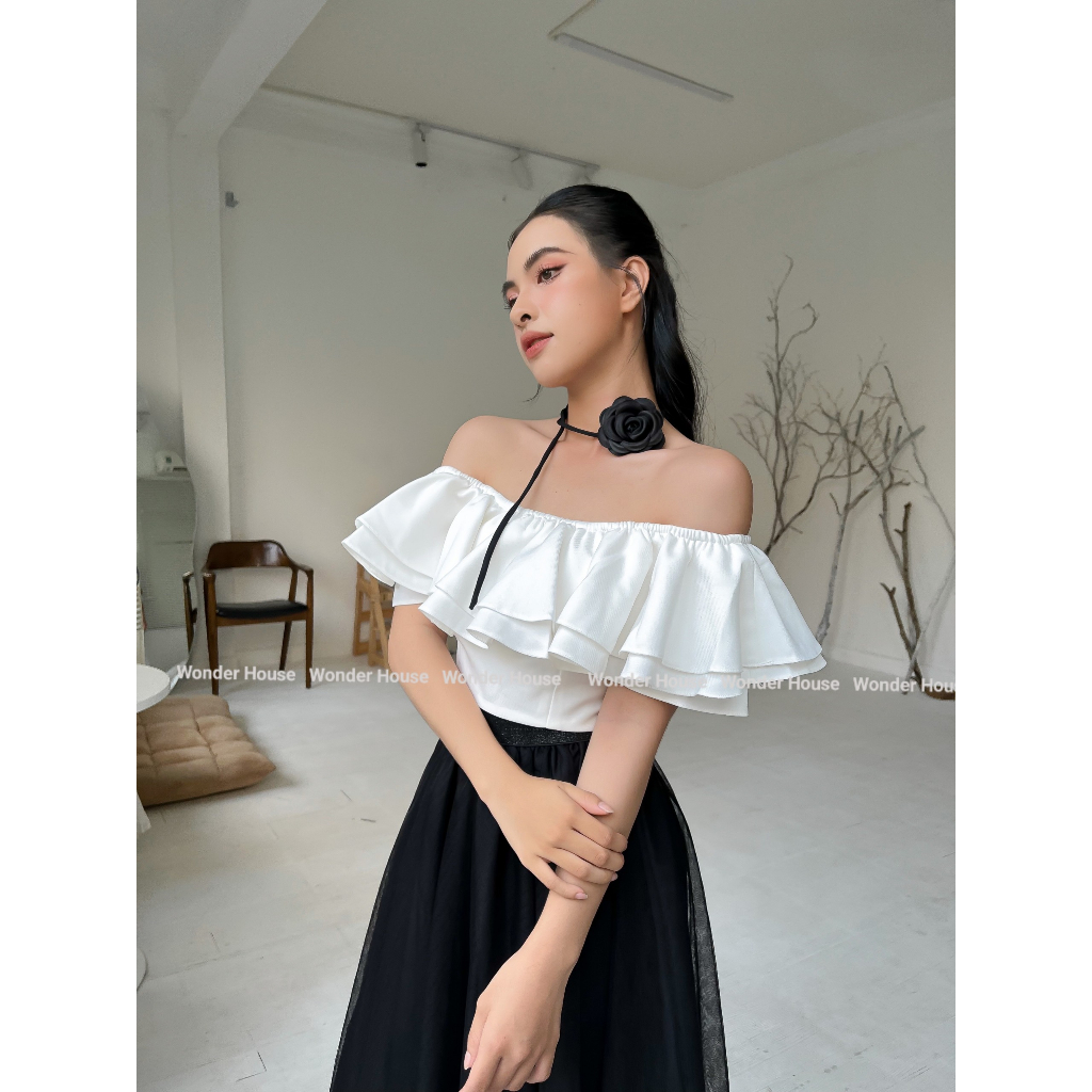 Áo thiết kế WONDER HOUSE trễ vai croptop 2 tầng chất vải dày dặn - Shy Top